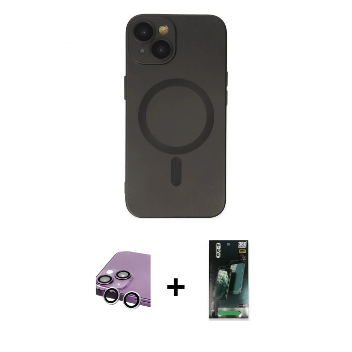 MARSİLYAN™- iPhone 14 Plus Kılıf Akış Minimal Özel Seri - Siyah 360 Mat Full Body Arka Koruyucu + Raze Metal Kamera Lens - GS