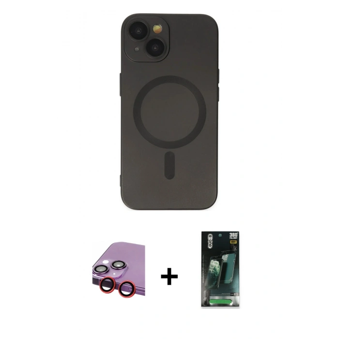 MARSİLYAN™- iPhone 14 Plus Kılıf Akış Minimal Özel Seri - Siyah 360 Mat Full Body Arka Koruyucu + Raze Metal Kamera Lens - KI