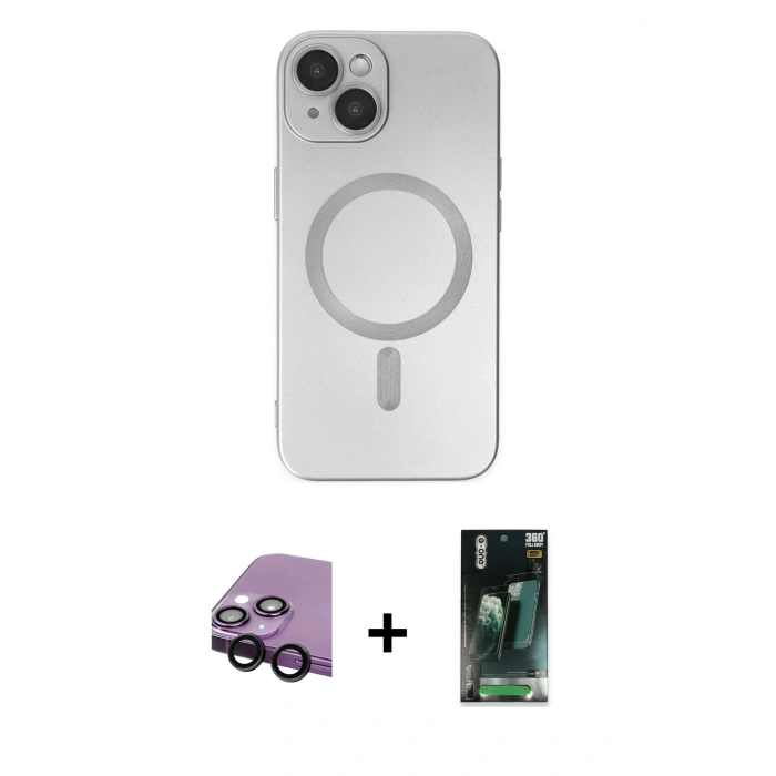 MARSİLYAN™- iPhone 14 Plus Kılıf Akış Minimal Özel Seri - Siyah 360 Mat Full Body Arka Koruyucu + Raze Metal Kamera Lens - SH