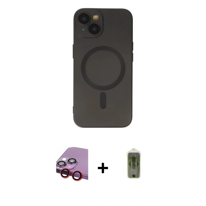 MARSİLYAN™- iPhone 14 Plus Kılıf Akış Minimal Özel Seri - Siyah Joko Magic 5D Hayalet Cam + Raze Metal Kamera Lens - KI
