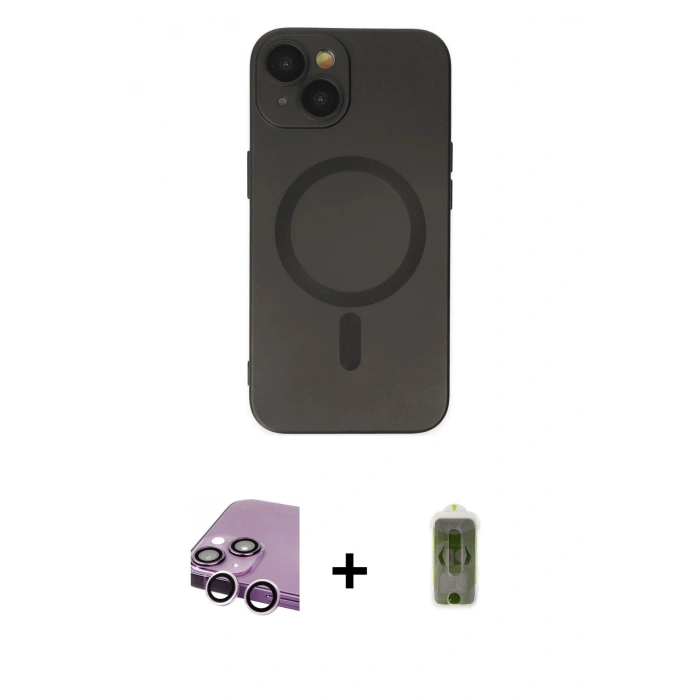 MARSİLYAN™- iPhone 14 Plus Kılıf Akış Minimal Özel Seri - Siyah Joko Magic 5D Hayalet Cam + Raze Metal Kamera Lens - MR