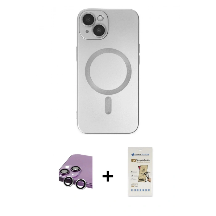 MARSİLYAN™- iPhone 14 Plus Kılıf Akış Minimal Özel Seri - Siyah Mat Seramik Nano Ekran Koruyucu + Raze Metal Kamera Lens - GS