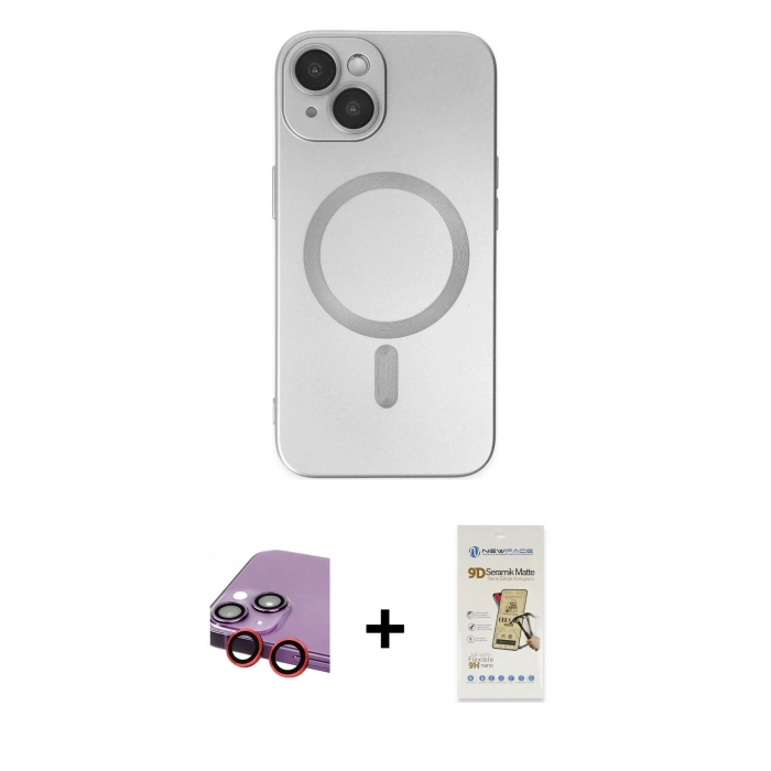 MARSİLYAN™- iPhone 14 Plus Kılıf Akış Minimal Özel Seri - Siyah Mat Seramik Nano Ekran Koruyucu + Kırmızı Raze Metal Kamera Lens
