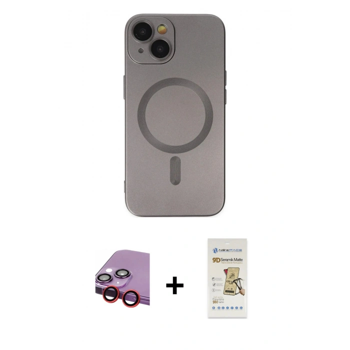 MARSİLYAN™- iPhone 14 Plus Kılıf Akış Minimal Özel Seri - Siyah Mat Seramik Nano Ekran Koruyucu + Kırmızı Raze Metal Kamera Lens