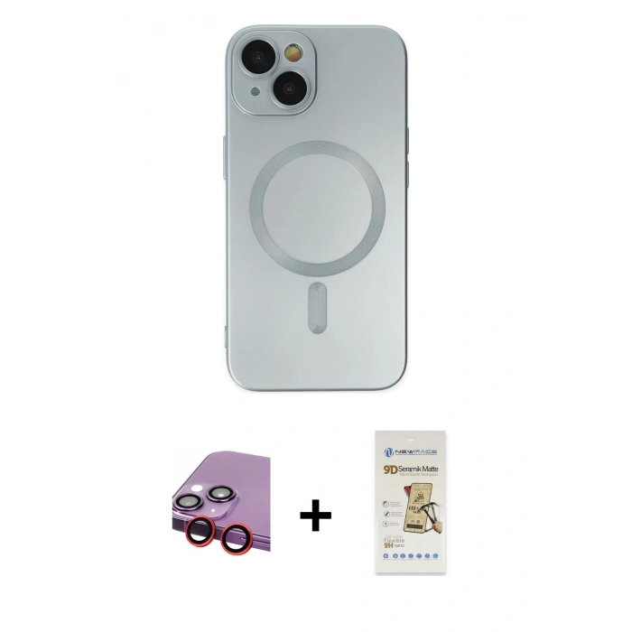 MARSİLYAN™- iPhone 14 Plus Kılıf Akış Minimal Özel Seri - Siyah Mat Seramik Nano Ekran Koruyucu + Kırmızı Raze Metal Kamera Lens