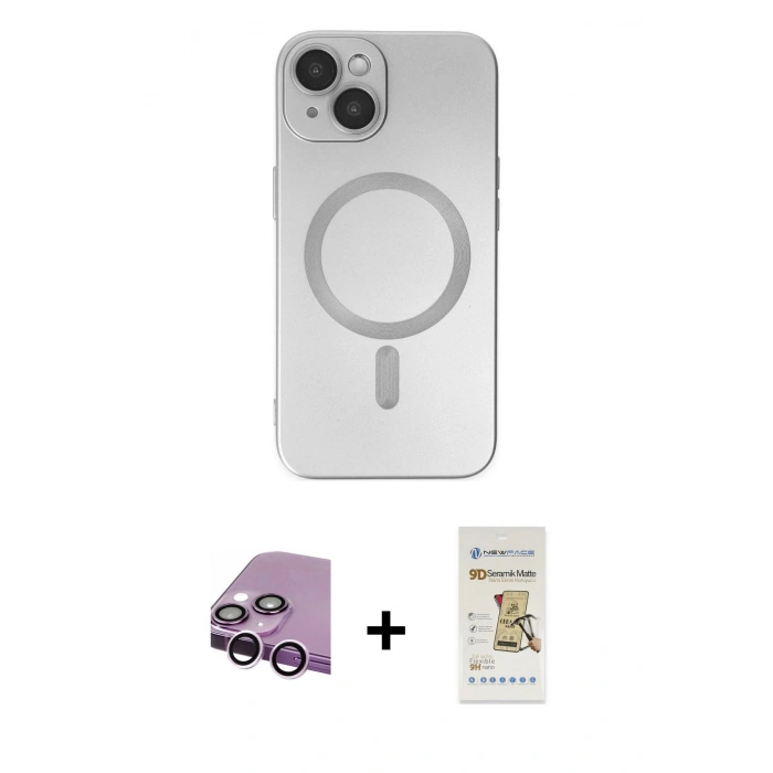 MARSİLYAN™- iPhone 14 Plus Kılıf Akış Minimal Özel Seri - Siyah Mat Seramik Nano Ekran Koruyucu + Raze Metal Kamera Lens - MR