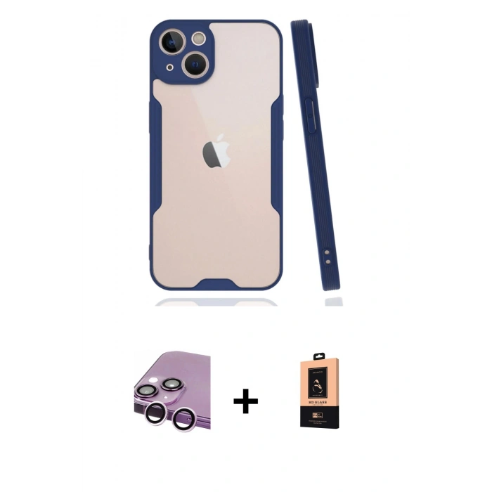 MARSİLYAN™- iPhone 14 Plus Kılıf Atlas Asil Serisi - Şeffaf Maxco Cam Ekran Koruyucu + Raze Metal Kamera Lens - MR