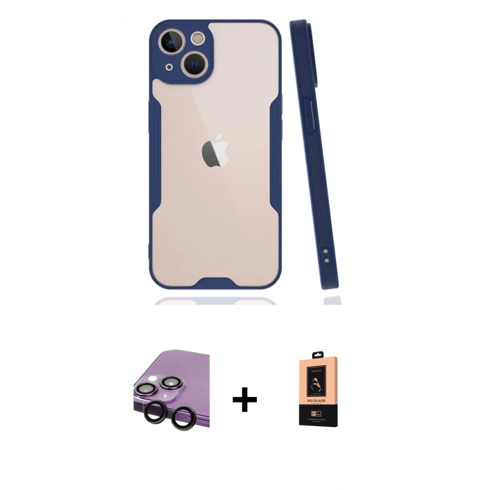 MARSİLYAN™- iPhone 14 Plus Kılıf Atlas Asil Serisi - Şeffaf Maxco Cam Ekran Koruyucu + Raze Metal Kamera Lens - SH
