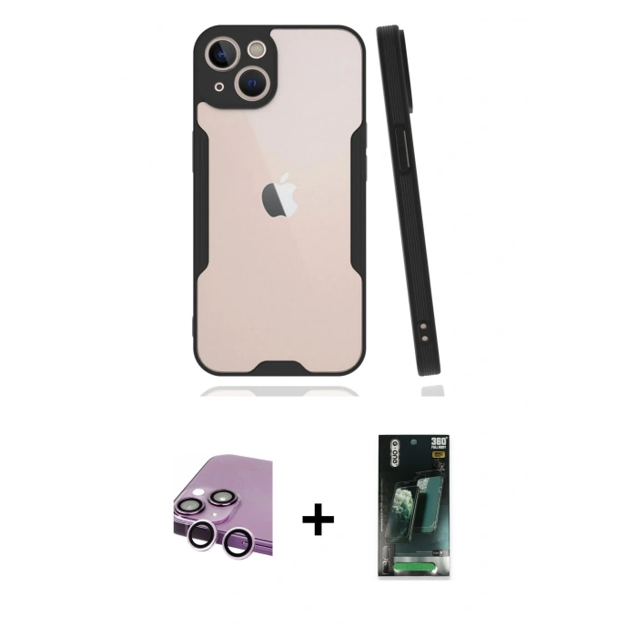 MARSİLYAN™- iPhone 14 Plus Kılıf Atlas Asil Serisi - Siyah 360 Mat Full Body Arka Koruyucu + Raze Metal Kamera Lens - MR