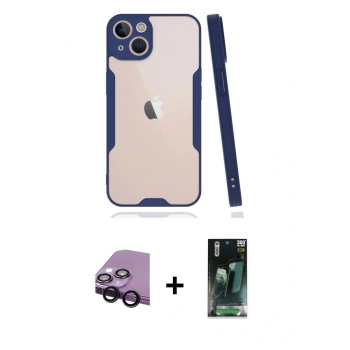 MARSİLYAN™- iPhone 14 Plus Kılıf Atlas Asil Serisi - Siyah 360 Mat Full Body Arka Koruyucu + Raze Metal Kamera Lens - SH