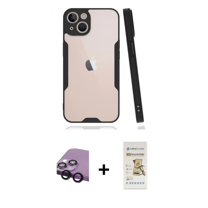 MARSİLYAN™- iPhone 14 Plus Kılıf Atlas Asil Serisi - Siyah Mat Seramik Nano Ekran Koruyucu + Raze Metal Kamera Lens - SH