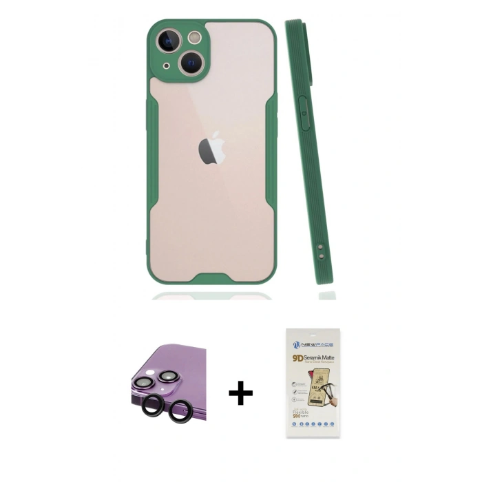 MARSİLYAN™- iPhone 14 Plus Kılıf Atlas Asil Serisi - Siyah Mat Seramik Nano Ekran Koruyucu + Raze Metal Kamera Lens - SH