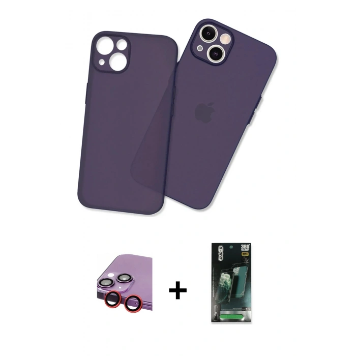 MARSİLYAN™- iPhone 14 Plus Kılıf Atlas Minimal Prime - Siyah 360 Mat Full Body Arka Koruyucu + Raze Metal Kamera Lens - KI