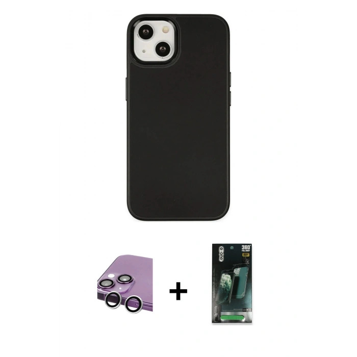 MARSİLYAN™- iPhone 14 Plus Kılıf Çekirdek Çizgi - Siyah 360 Mat Full Body Arka Koruyucu + Raze Metal Kamera Lens - GS