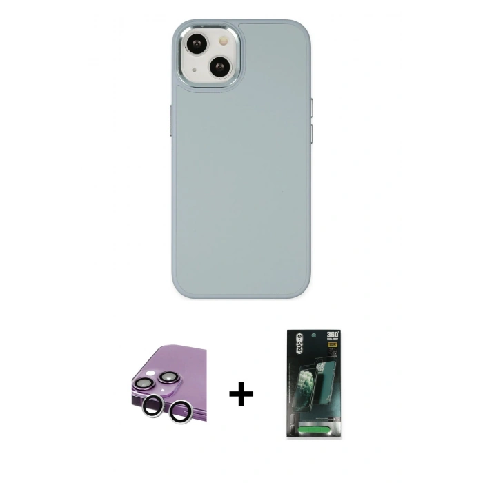 MARSİLYAN™- iPhone 14 Plus Kılıf Çekirdek Çizgi - Siyah 360 Mat Full Body Arka Koruyucu + Raze Metal Kamera Lens - GS