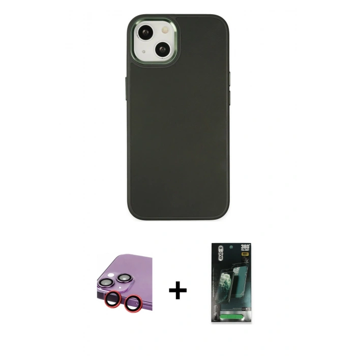 MARSİLYAN™- iPhone 14 Plus Kılıf Çekirdek Çizgi - Siyah 360 Mat Full Body Arka Koruyucu + Raze Metal Kamera Lens - KI