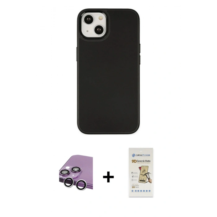 MARSİLYAN™- iPhone 14 Plus Kılıf Çekirdek Çizgi - Siyah Mat Seramik Nano Ekran Koruyucu + Raze Metal Kamera Lens - GS