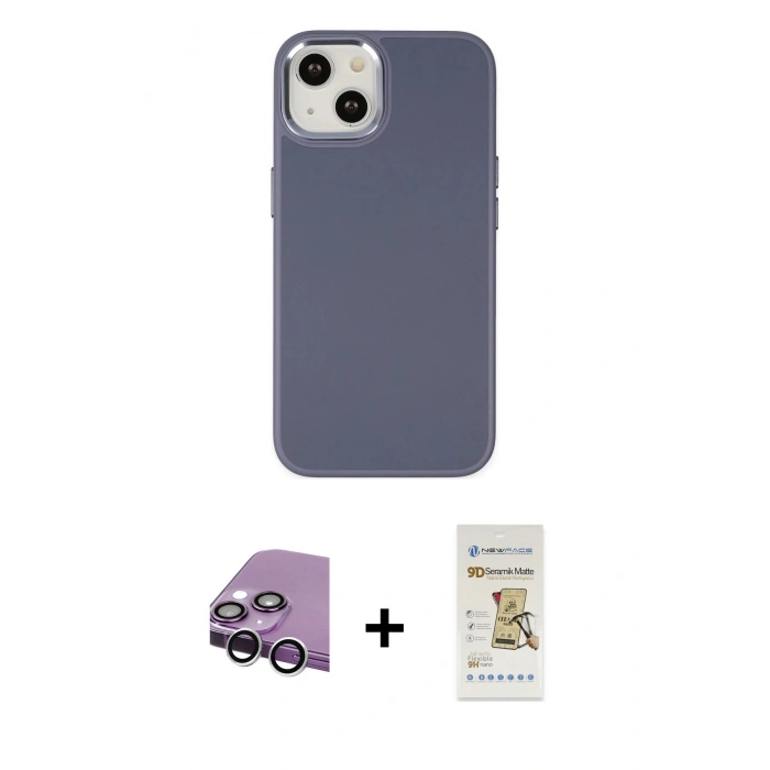 MARSİLYAN™- iPhone 14 Plus Kılıf Çekirdek Çizgi - Siyah Mat Seramik Nano Ekran Koruyucu + Raze Metal Kamera Lens - GS