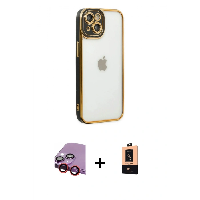 MARSİLYAN™- iPhone 14 Plus Kılıf Çekirdek Klasik Serisi - Şeffaf Maxco Cam Ekran Koruyucu + Raze Metal Kamera Lens - KI
