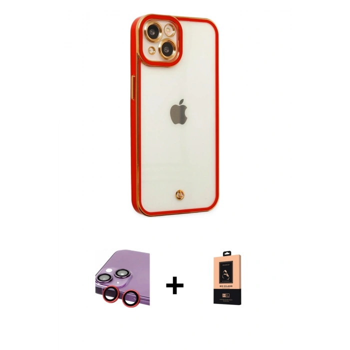 MARSİLYAN™- iPhone 14 Plus Kılıf Çekirdek Klasik Serisi - Şeffaf Maxco Cam Ekran Koruyucu + Raze Metal Kamera Lens - KI