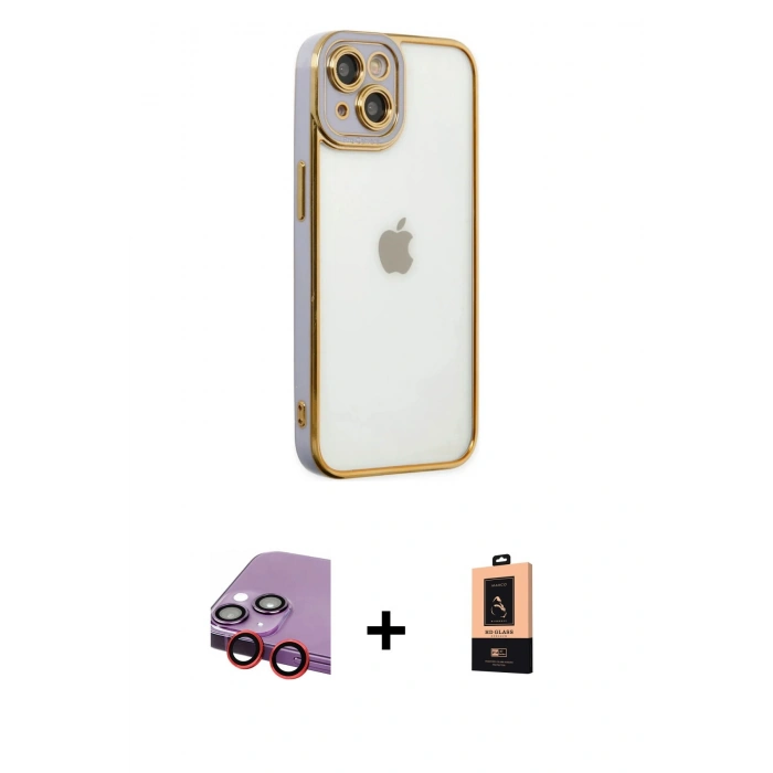 MARSİLYAN™- iPhone 14 Plus Kılıf Çekirdek Klasik Serisi - Şeffaf Maxco Cam Ekran Koruyucu + Raze Metal Kamera Lens - KI