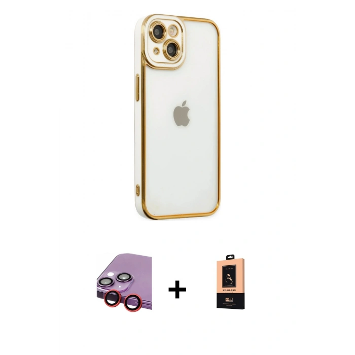 MARSİLYAN™- iPhone 14 Plus Kılıf Çekirdek Klasik Serisi - Şeffaf Maxco Cam Ekran Koruyucu + Raze Metal Kamera Lens - KI