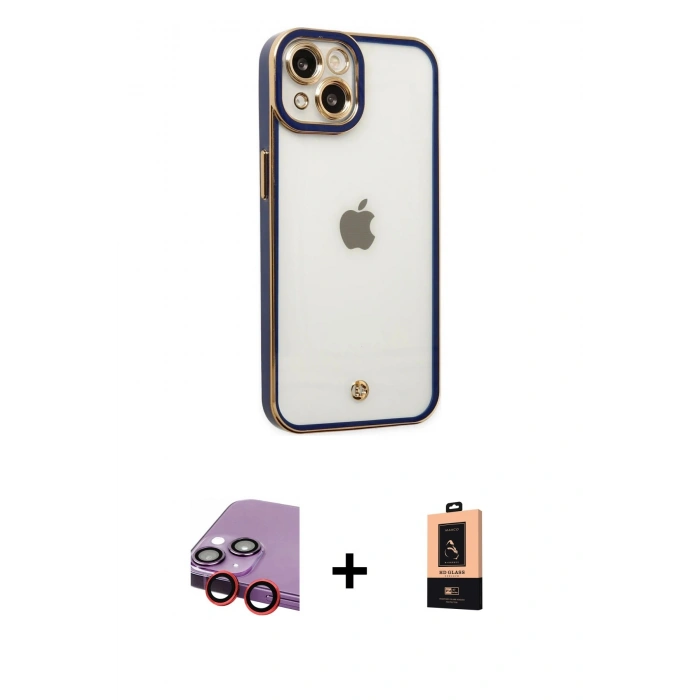 MARSİLYAN™- iPhone 14 Plus Kılıf Çekirdek Klasik Serisi - Şeffaf Maxco Cam Ekran Koruyucu + Raze Metal Kamera Lens - KI