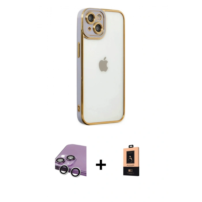 MARSİLYAN™- iPhone 14 Plus Kılıf Çekirdek Klasik Serisi - Şeffaf Maxco Cam Ekran Koruyucu + Raze Metal Kamera Lens - GS