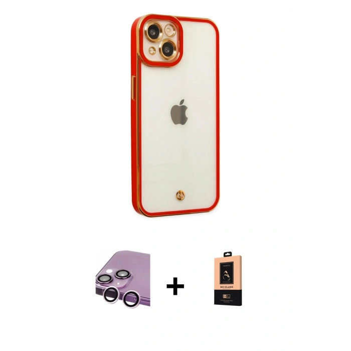 MARSİLYAN™- iPhone 14 Plus Kılıf Çekirdek Klasik Serisi - Şeffaf Maxco Cam Ekran Koruyucu + Raze Metal Kamera Lens - MR