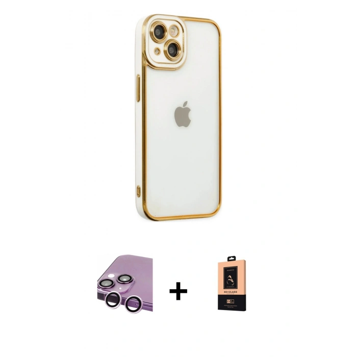 MARSİLYAN™- iPhone 14 Plus Kılıf Çekirdek Klasik Serisi - Şeffaf Maxco Cam Ekran Koruyucu + Raze Metal Kamera Lens - MR