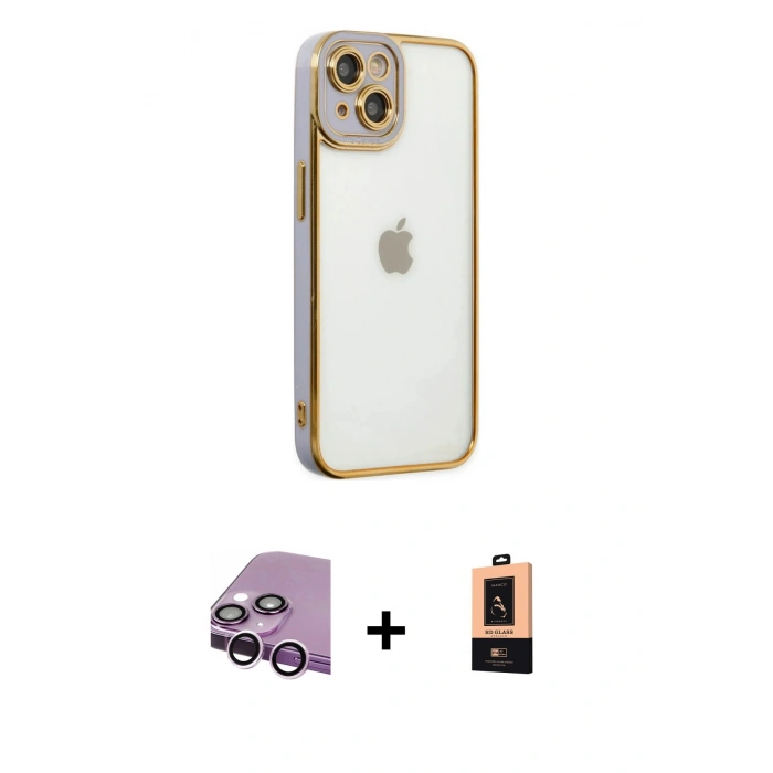 MARSİLYAN™- iPhone 14 Plus Kılıf Çekirdek Klasik Serisi - Şeffaf Maxco Cam Ekran Koruyucu + Raze Metal Kamera Lens - MR