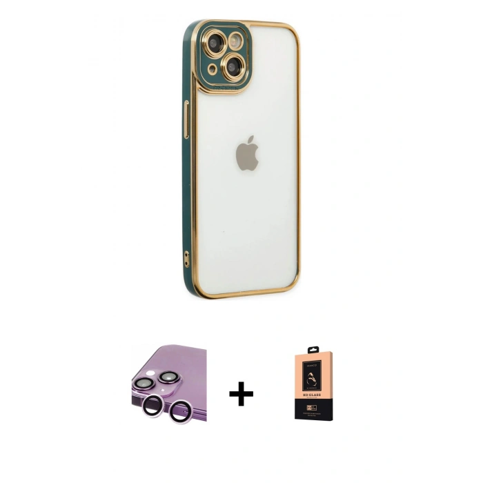 MARSİLYAN™- iPhone 14 Plus Kılıf Çekirdek Klasik Serisi - Şeffaf Maxco Cam Ekran Koruyucu + Raze Metal Kamera Lens - MR