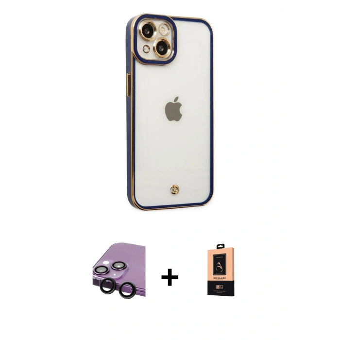 MARSİLYAN™- iPhone 14 Plus Kılıf Çekirdek Klasik Serisi - Şeffaf Maxco Cam Ekran Koruyucu + Siyah Raze Metal Kamera Lens
