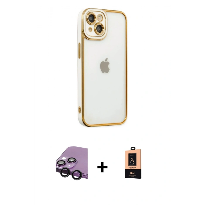 MARSİLYAN™- iPhone 14 Plus Kılıf Çekirdek Klasik Serisi - Şeffaf Maxco Cam Ekran Koruyucu + Siyah Raze Metal Kamera Lens