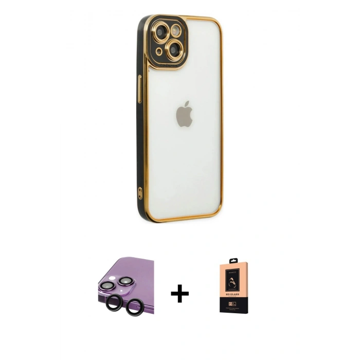 MARSİLYAN™- iPhone 14 Plus Kılıf Çekirdek Klasik Serisi - Şeffaf Maxco Cam Ekran Koruyucu + Siyah Raze Metal Kamera Lens