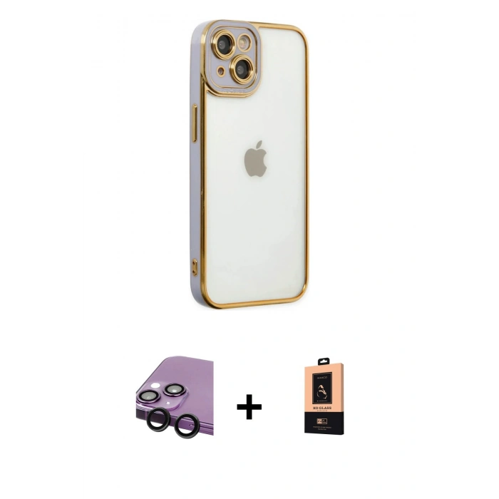 MARSİLYAN™- iPhone 14 Plus Kılıf Çekirdek Klasik Serisi - Şeffaf Maxco Cam Ekran Koruyucu + Siyah Raze Metal Kamera Lens