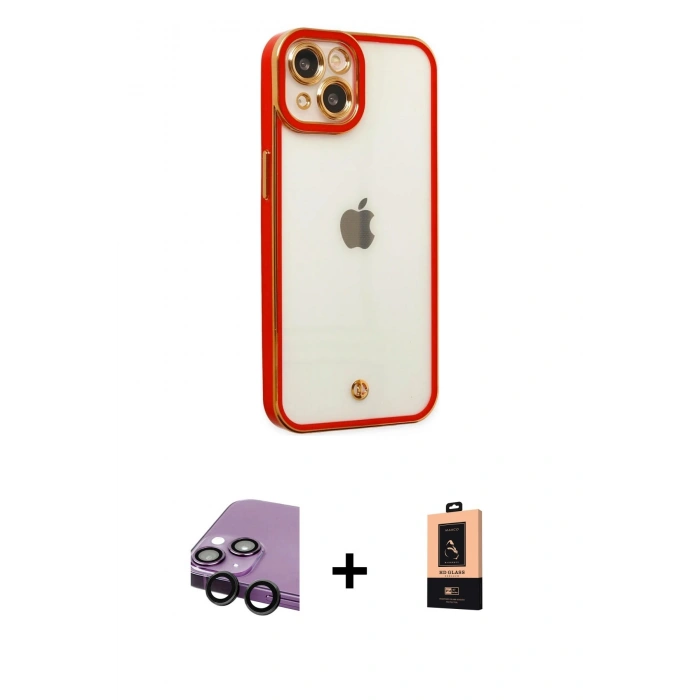 MARSİLYAN™- iPhone 14 Plus Kılıf Çekirdek Klasik Serisi - Şeffaf Maxco Cam Ekran Koruyucu + Siyah Raze Metal Kamera Lens