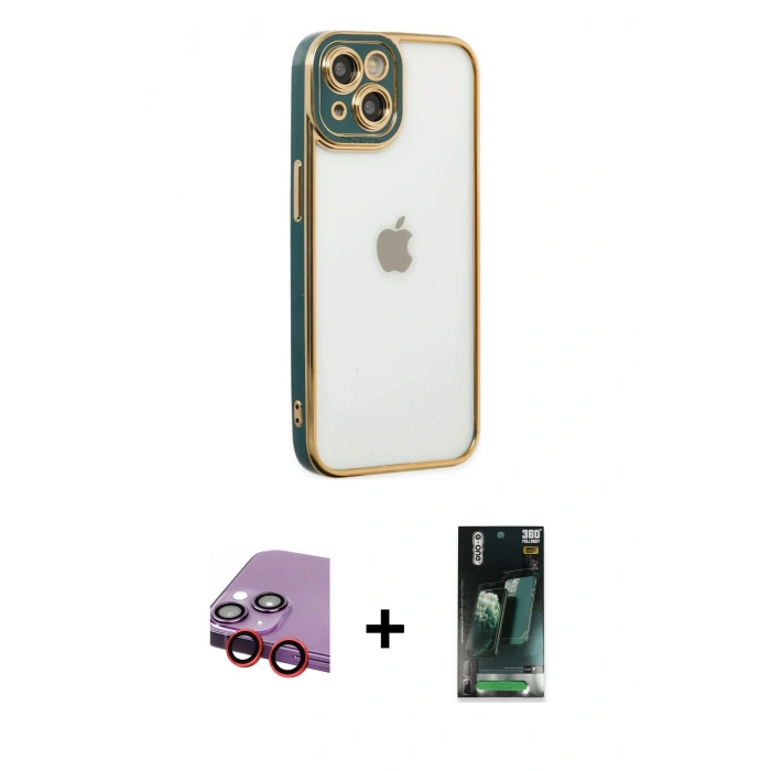 MARSİLYAN™- iPhone 14 Plus Kılıf Çekirdek Klasik Serisi - Siyah 360 Mat Full Body Arka Koruyucu + Kırmızı Raze Metal Kamera Lens
