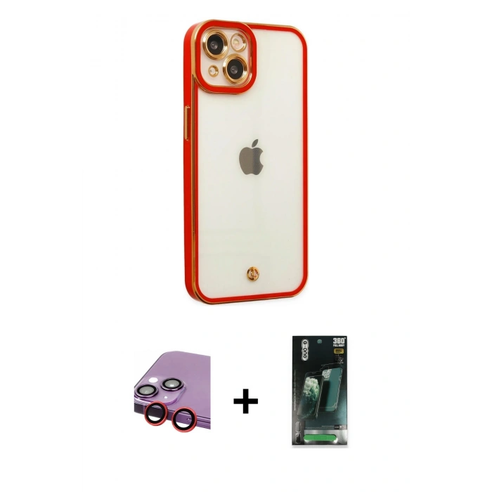 MARSİLYAN™- iPhone 14 Plus Kılıf Çekirdek Klasik Serisi - Siyah 360 Mat Full Body Arka Koruyucu + Kırmızı Raze Metal Kamera Lens