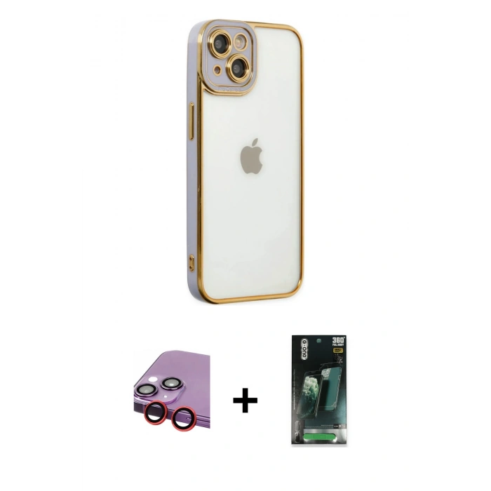 MARSİLYAN™- iPhone 14 Plus Kılıf Çekirdek Klasik Serisi - Siyah 360 Mat Full Body Arka Koruyucu + Kırmızı Raze Metal Kamera Lens