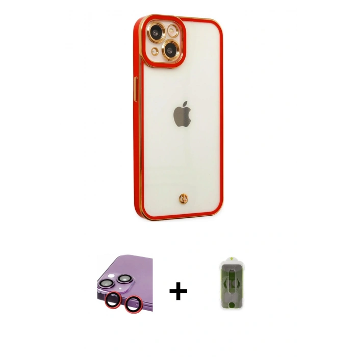 MARSİLYAN™- iPhone 14 Plus Kılıf Çekirdek Klasik Serisi - Siyah Joko Magic 5D Hayalet Cam + Kırmızı Raze Metal Kamera Lens