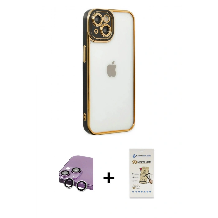MARSİLYAN™- iPhone 14 Plus Kılıf Çekirdek Klasik Serisi - Siyah Mat Seramik Nano Ekran Koruyucu + Raze Metal Kamera Lens - GS