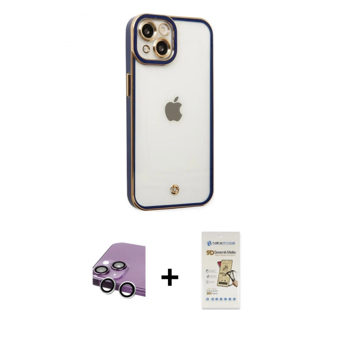 MARSİLYAN™- iPhone 14 Plus Kılıf Çekirdek Klasik Serisi - Siyah Mat Seramik Nano Ekran Koruyucu + Raze Metal Kamera Lens - GS