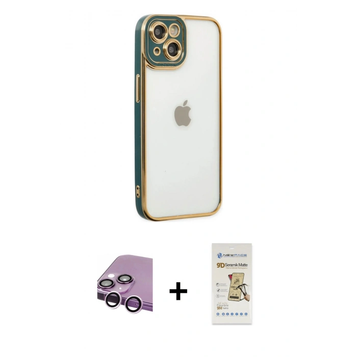 MARSİLYAN™- iPhone 14 Plus Kılıf Çekirdek Klasik Serisi - Siyah Mat Seramik Nano Ekran Koruyucu + Raze Metal Kamera Lens - MR