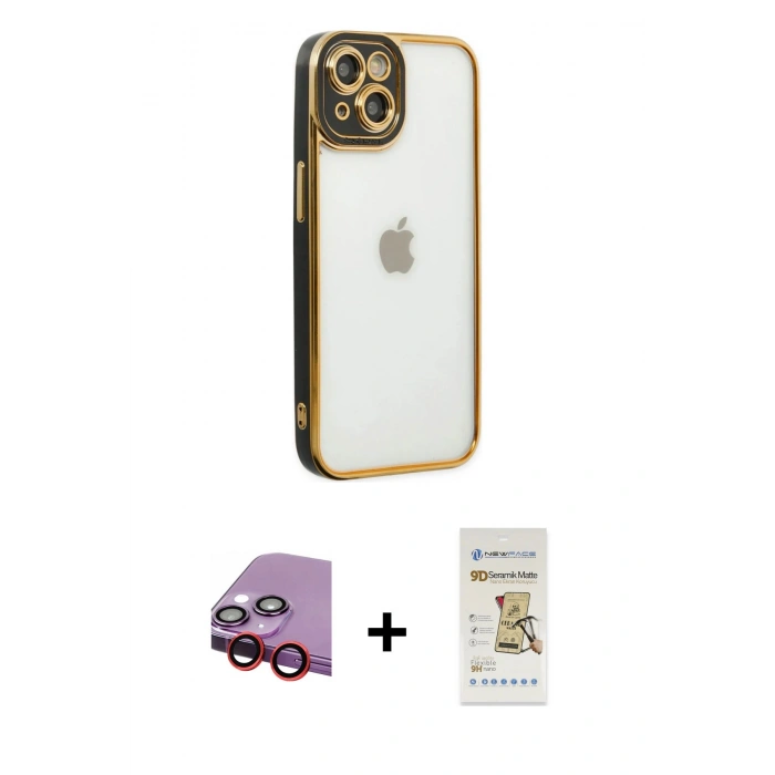 MARSİLYAN™- iPhone 14 Plus Kılıf Çekirdek Klasik Serisi - Siyah Mat Seramik Nano Ekran Koruyucu + Raze Metal Kamera Lens - KI