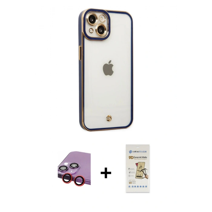 MARSİLYAN™- iPhone 14 Plus Kılıf Çekirdek Klasik Serisi - Siyah Mat Seramik Nano Ekran Koruyucu + Raze Metal Kamera Lens - KI