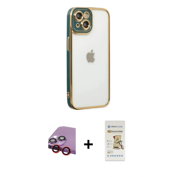 MARSİLYAN™- iPhone 14 Plus Kılıf Çekirdek Klasik Serisi - Siyah Mat Seramik Nano Ekran Koruyucu + Raze Metal Kamera Lens - KI