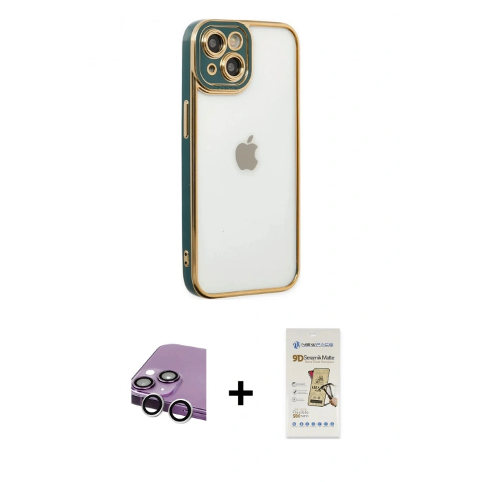 MARSİLYAN™- iPhone 14 Plus Kılıf Çekirdek Klasik Serisi - Siyah Mat Seramik Nano Ekran Koruyucu + Raze Metal Kamera Lens - GS