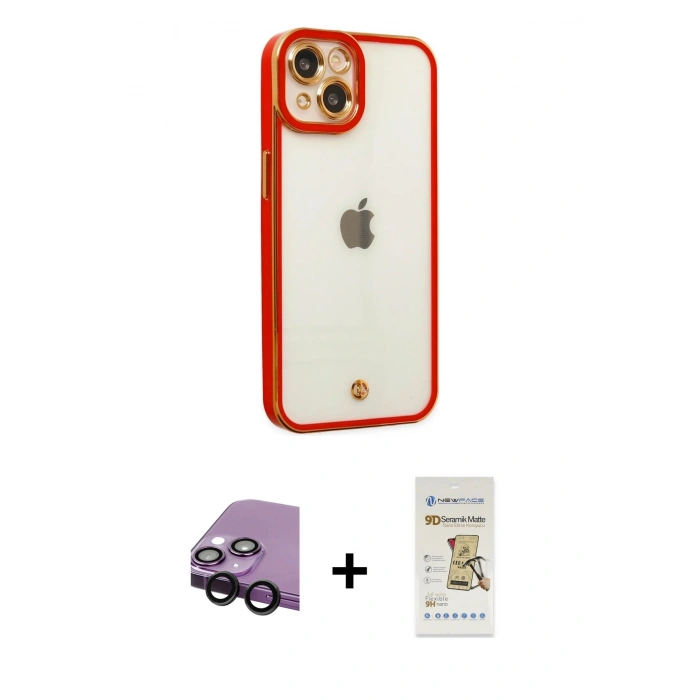 MARSİLYAN™- iPhone 14 Plus Kılıf Çekirdek Klasik Serisi - Siyah Mat Seramik Nano Ekran Koruyucu + Siyah Raze Metal Kamera Lens