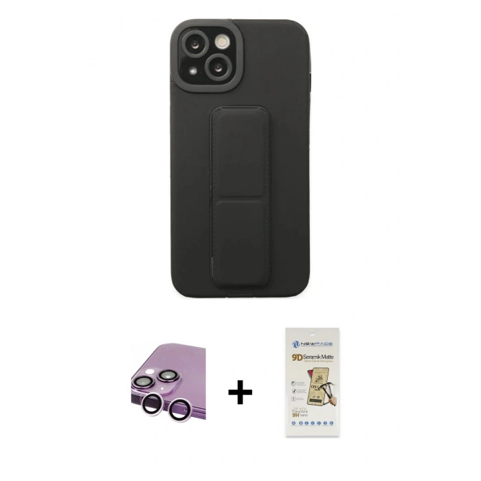 MARSİLYAN™- iPhone 14 Plus Kılıf Çekirdek Yansıma - Siyah Mat Seramik Nano Ekran Koruyucu + Mor Raze Metal Kamera Lens